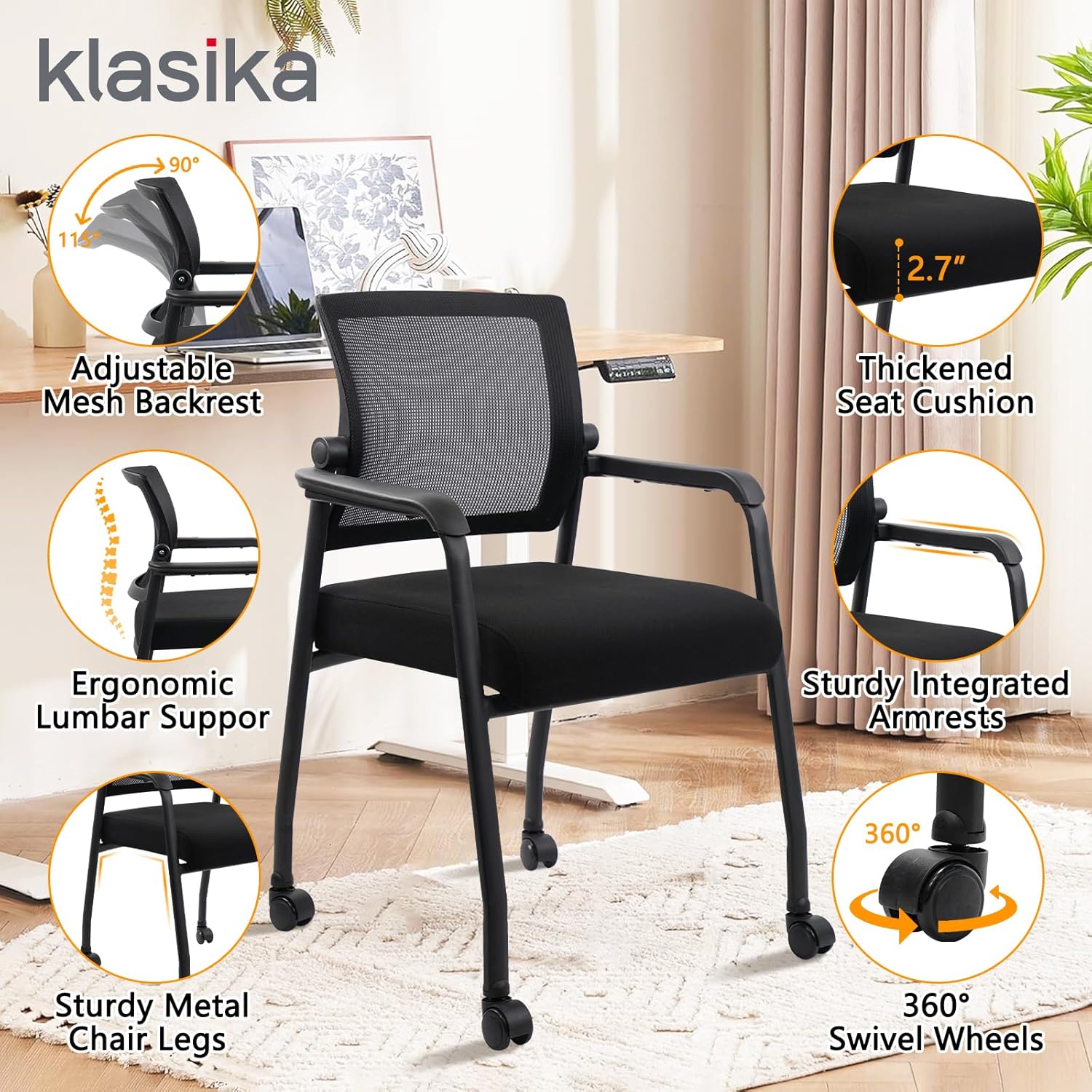 KLASIKA Guest Reception Chair with Adjustable Mesh Backrest and Wheels, Arm Chair with Ergonomic Lumbar Support and Thickened Seats Cushion, Waiting Room Chairs for Office School Lobby Church, Black