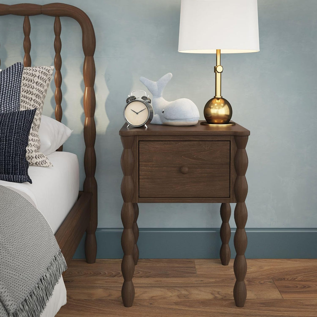 Max & Lily Jenny Kids Nightstand with 1 Drawer, Solid Pine Wood, Turned Spindle Legs, Low-VOC Finish, Vintage-Style Bedroom Side Table, Walnut