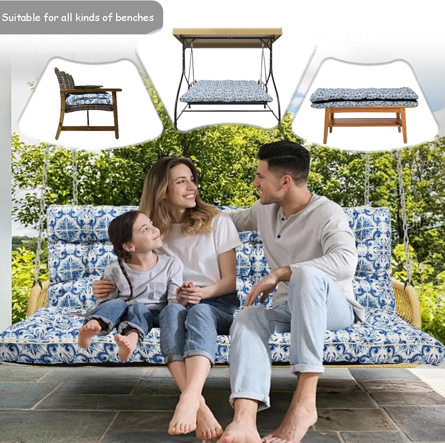 Porch Swing Cushion Three Seat, Waterproof Swing Cushions Replacement with Backrest, Outdoor Garden Furniture Patio 4" Thickened Cushions with Ties (Blue Print, 40 x 63in)