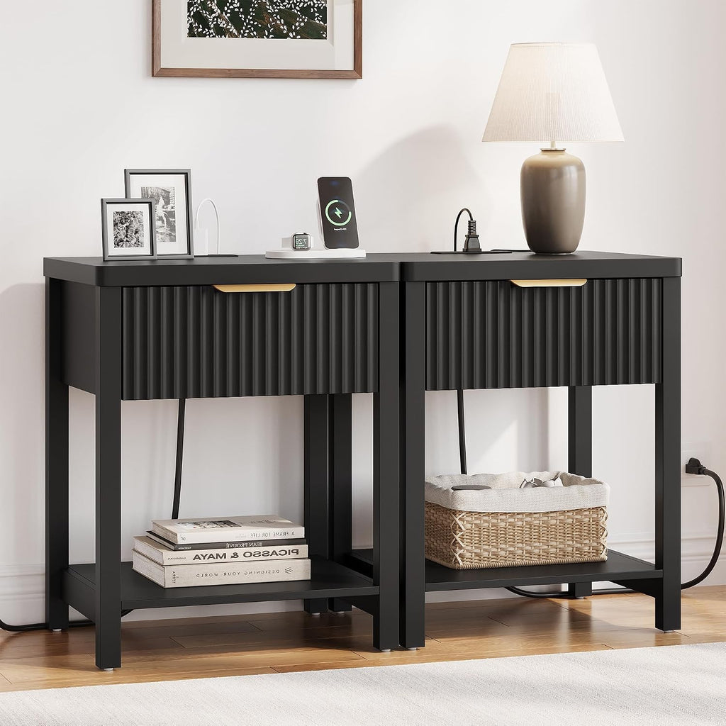 Fultyle Night Stand with Drawer, Mid Century Nightstand with Storage, Modern Fluted Bedside Table Bedroom Living Room for Small Space, Office, Black