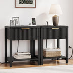 Fultyle Night Stand with Drawer, Mid Century Nightstand with Storage, Modern Fluted Bedside Table Bedroom Living Room for Small Space, Office, Black