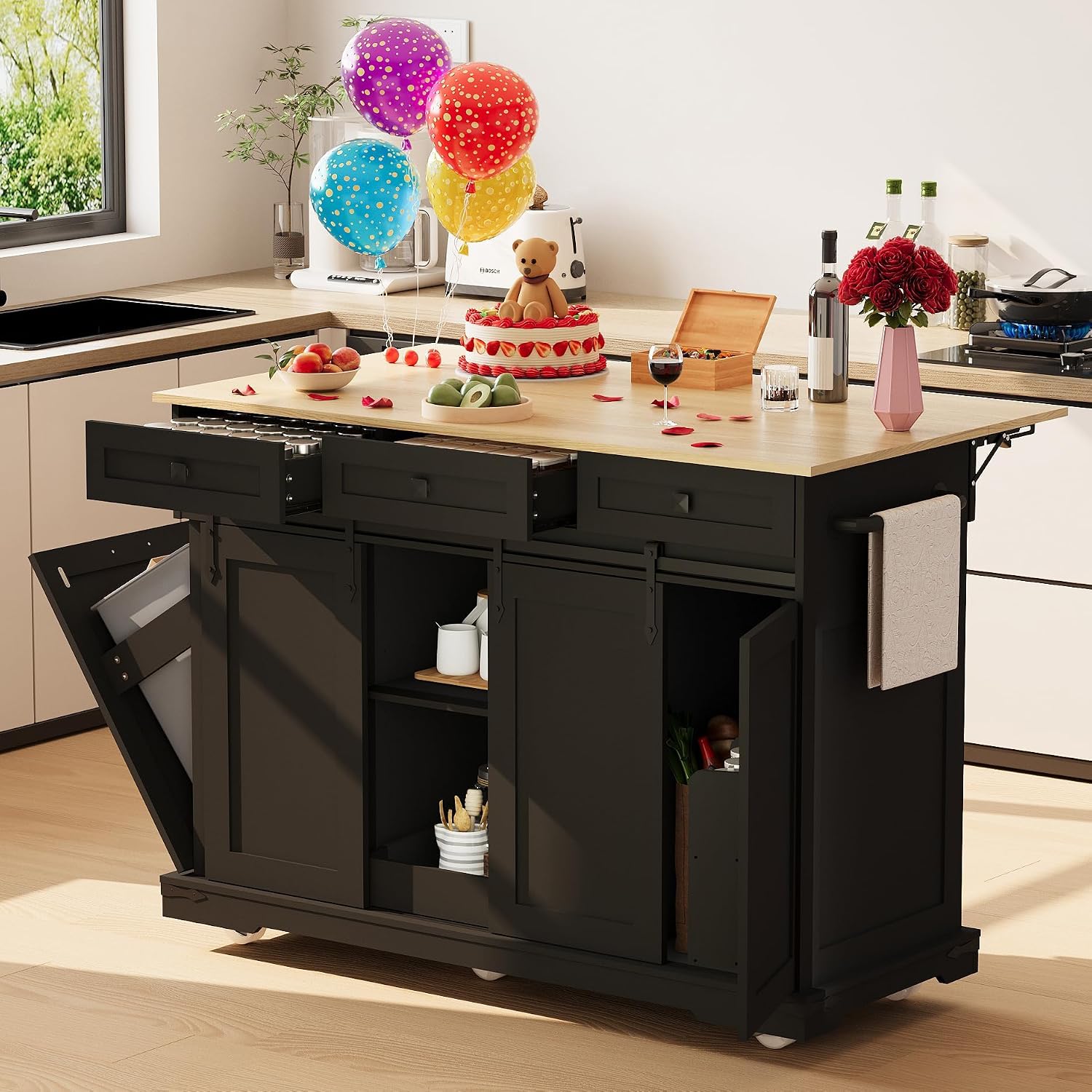 Large Rolling Kitchen Island with Power Outlet, Mobile Kitchen Cart on Wheels with Drop Leaf, 3 Drawers, Trash Can Storage, Spice Rack, Towel Holder, Kitchen Island Table for Dining Room, Home, Black