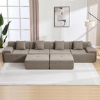 160" U Shaped Boneless Modular Sectional Sofa, Oversized 6-Seater Full Sponge Cloud Couch with Movable Ottoman, Corduroy Upholstery Couches for Living Room, No Assembly, Brown