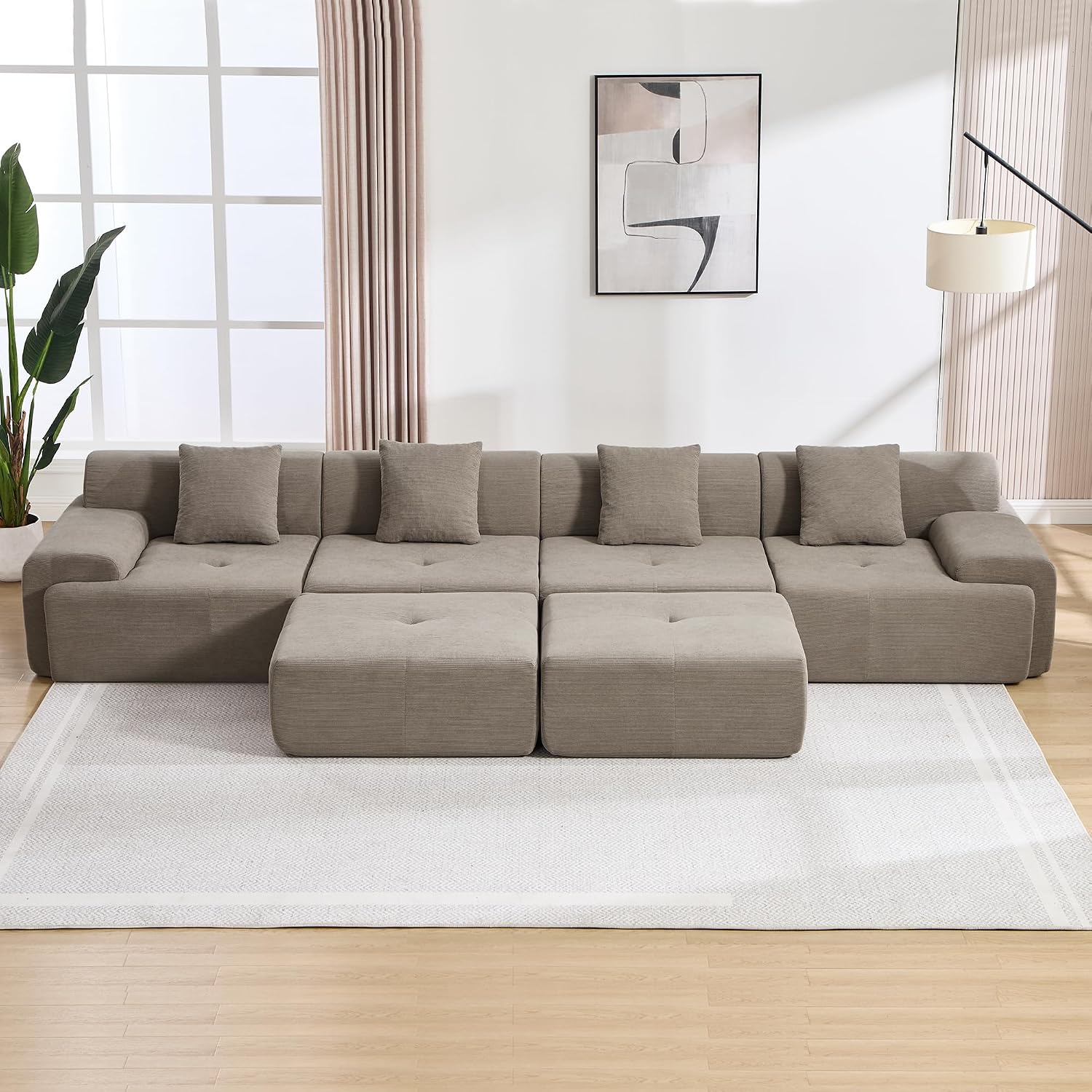 160" U Shaped Boneless Modular Sectional Sofa, Oversized 6-Seater Full Sponge Cloud Couch with Movable Ottoman, Corduroy Upholstery Couches for Living Room, No Assembly, Brown
