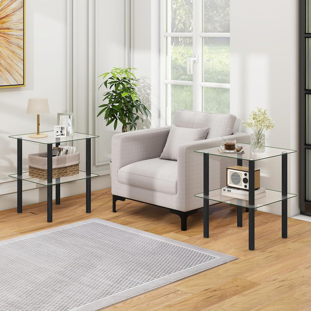 Giantex Square End Table, 2-Tier Sofa Side Table with Clear Tempered Glass Top & Shelf, Small Accent Table with Solid Rubber Wood Legs for Living Room Bedroom Home Office (Black & Clear)