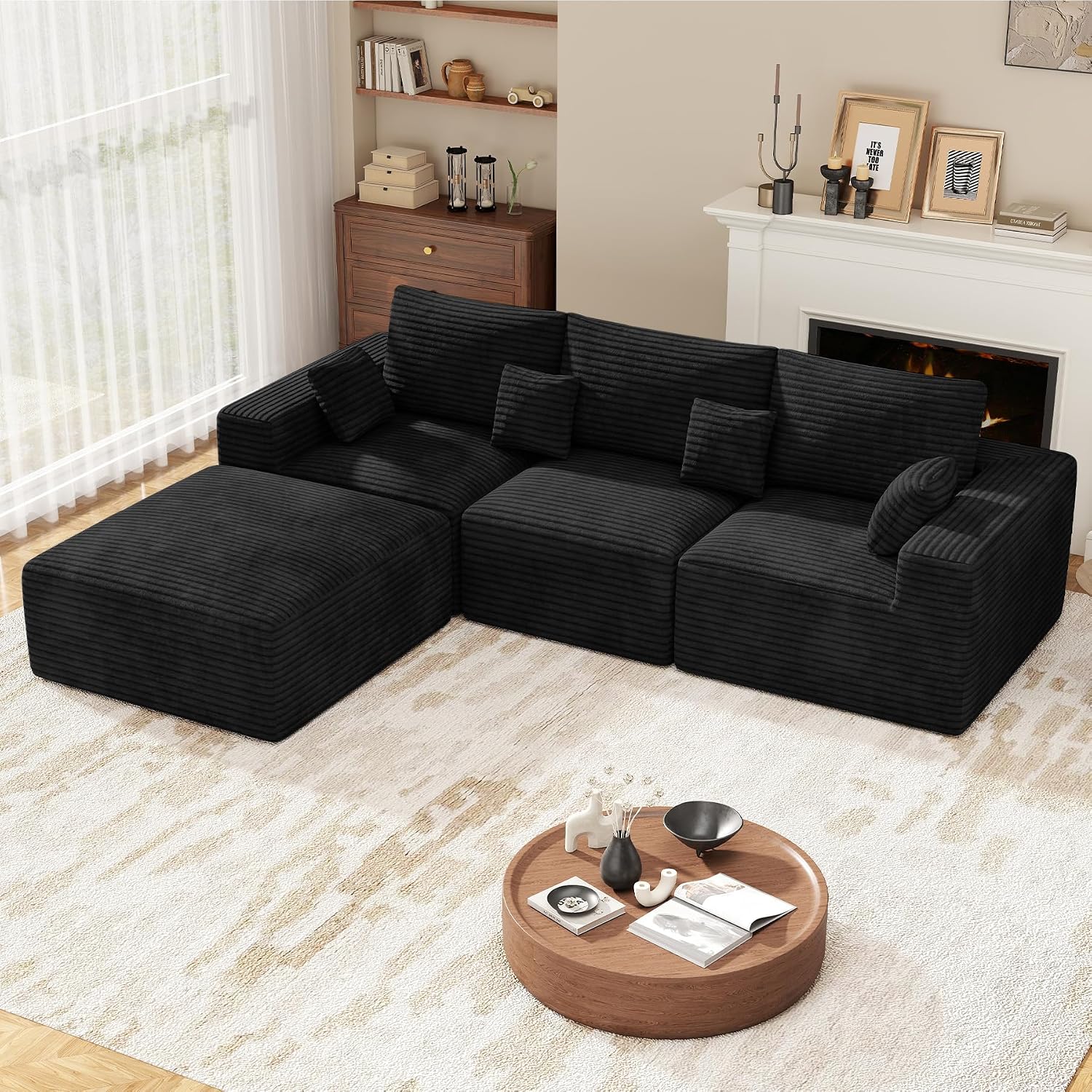 113" L-Shaped Boneless Couch, Modern Modular Sectional Sofa with Deep Seat, Convertible Corduroy Cloud Couches for Living Room,Black,1 PCS