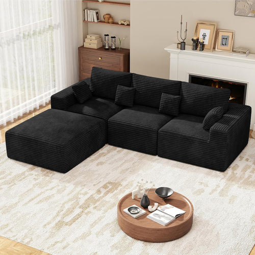 113" L-Shaped Boneless Couch, Modern Modular Sectional Sofa with Deep Seat, Convertible Corduroy Cloud Couches for Living Room,Black,1 PCS
