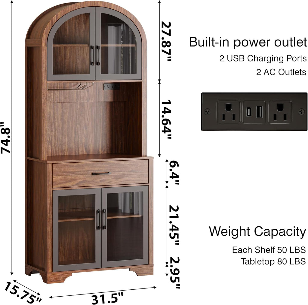 Tall Arched Kitchen Pantry Cabinet, Farmhouse Coffee Bar Cabinet with Storage, Kitchen Hutch Storage Cabinet with Countertop and Charging Station, Dining Room Kitchen Hutch Cabinet with Storage