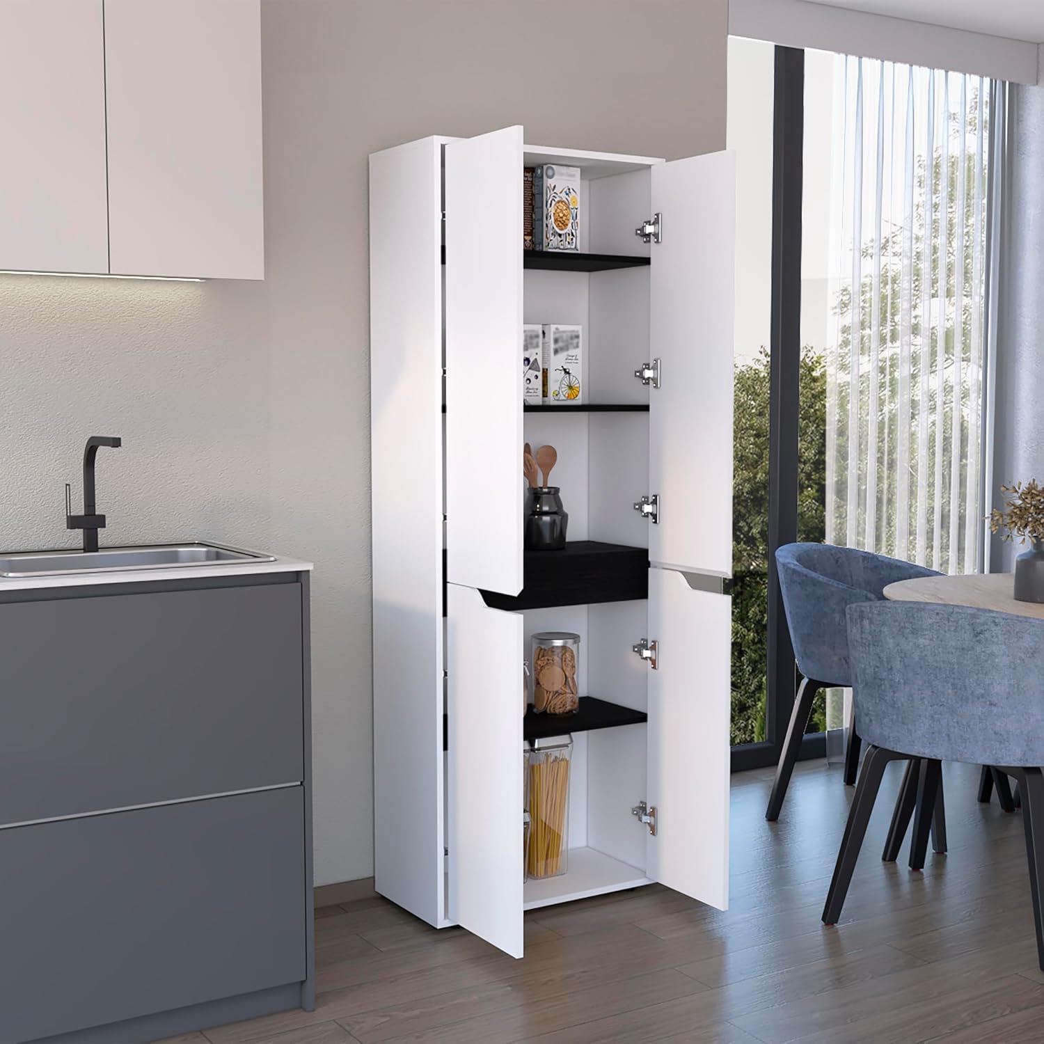4-Door Kitchen Pantry Organizer Cabinet, Wooden Cupboard Credenza Bufffet Serving with Storage Shelves, Freestanding Hutch for Kitchen, Dining Room,White
