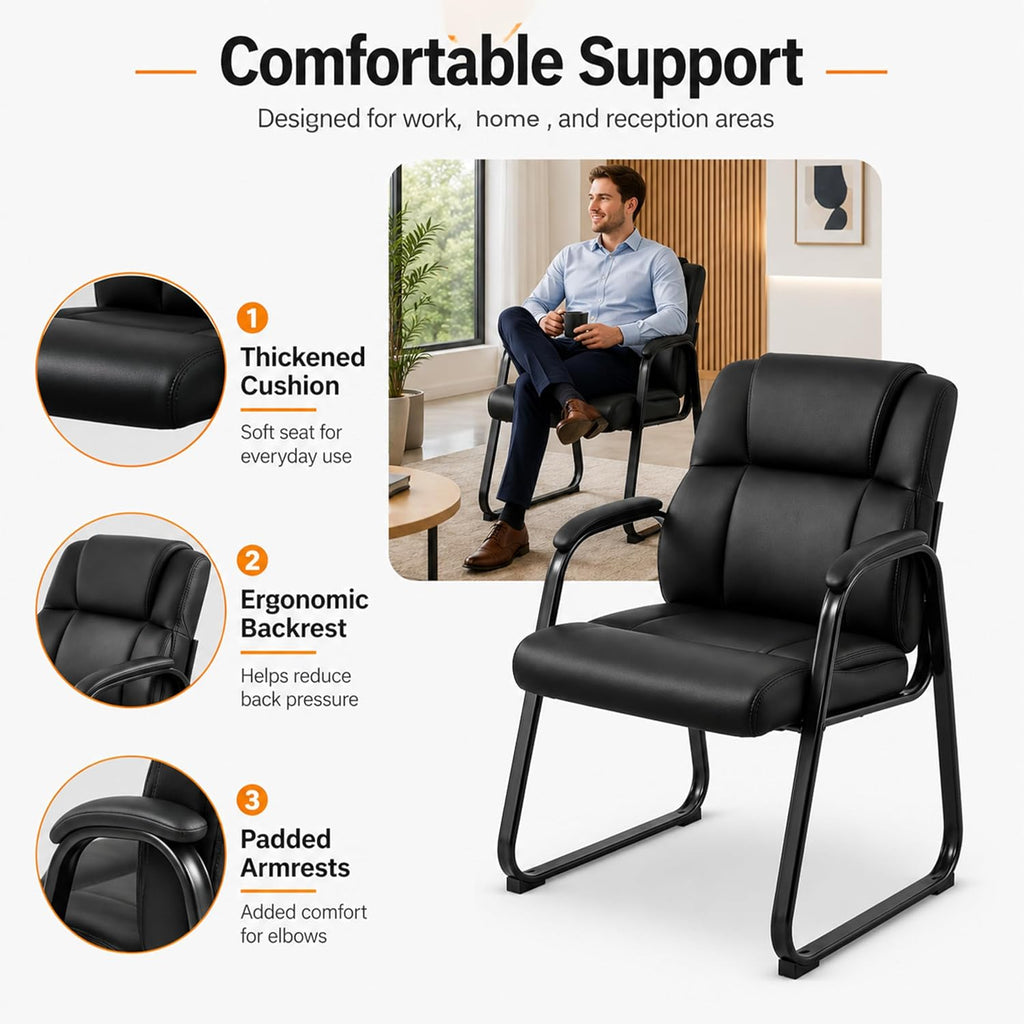 Simple Deluxe 2pcs Leather Guest Chairs with Padded Arms & Sled Base, Single Wheelless Stationary Lounge Seat, Ideal for Conference, Reception, Lobby, Home Office and Bedrooms, Black