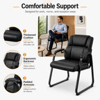 Simple Deluxe 2pcs Leather Guest Chairs with Padded Arms & Sled Base, Single Wheelless Stationary Lounge Seat, Ideal for Conference, Reception, Lobby, Home Office and Bedrooms, Black