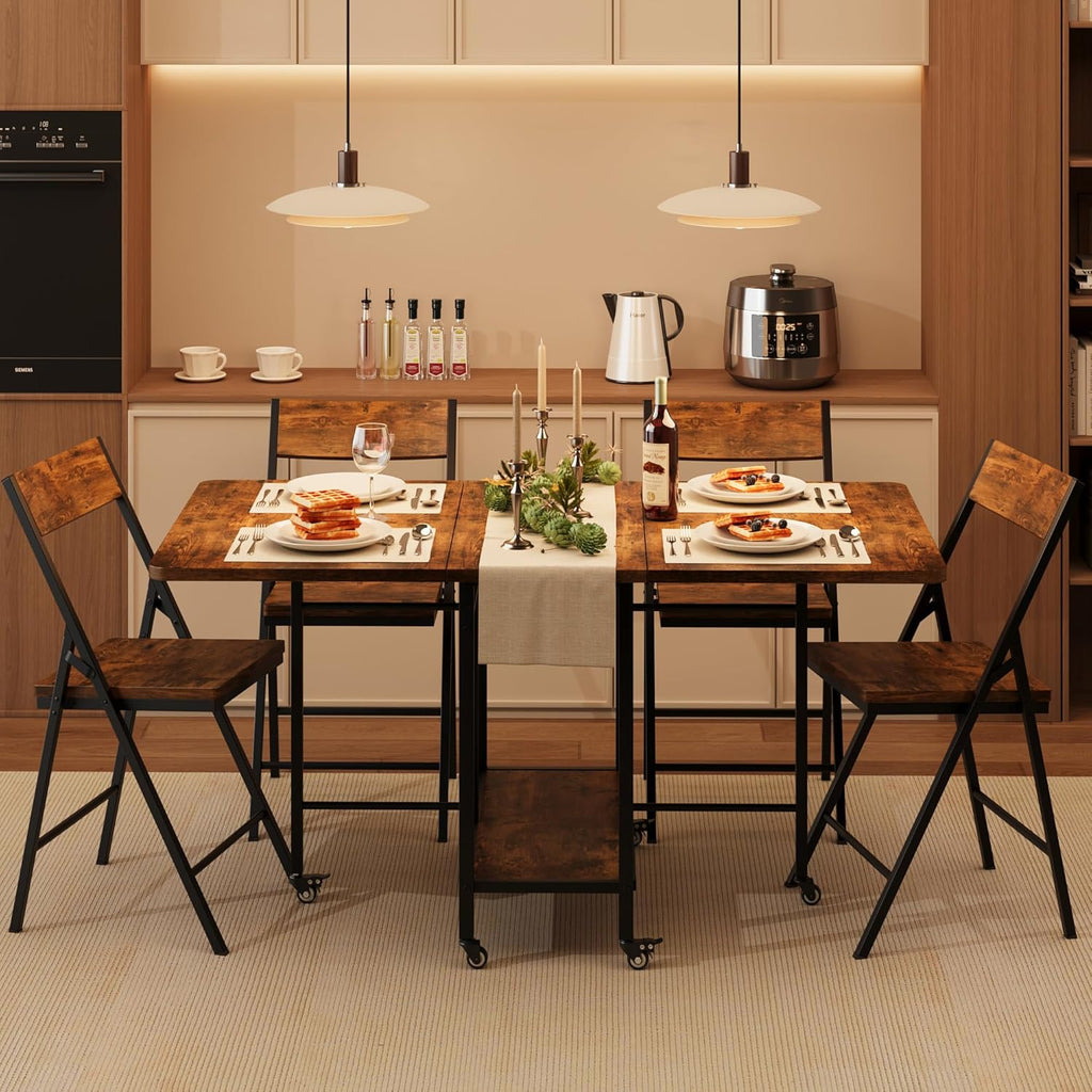 IDEALHOUSE IDEAHOUSE Dining Table Set for 4, Folding Dining Table with 4 Folding Chairs, Drop Leaf Table and Chairs with Swivel Wheels, Hideaway, for Small Space, Kitchen, Dining Room, Rustic Brown