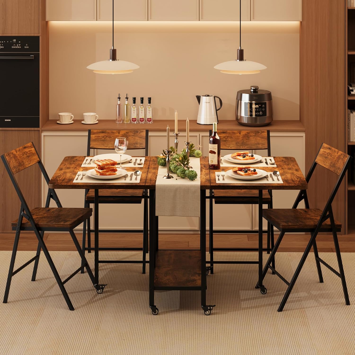 IDEALHOUSE IDEAHOUSE Dining Table Set for 4, Folding Dining Table with 4 Folding Chairs, Drop Leaf Table and Chairs with Swivel Wheels, Hideaway, for Small Space, Kitchen, Dining Room, Rustic Brown