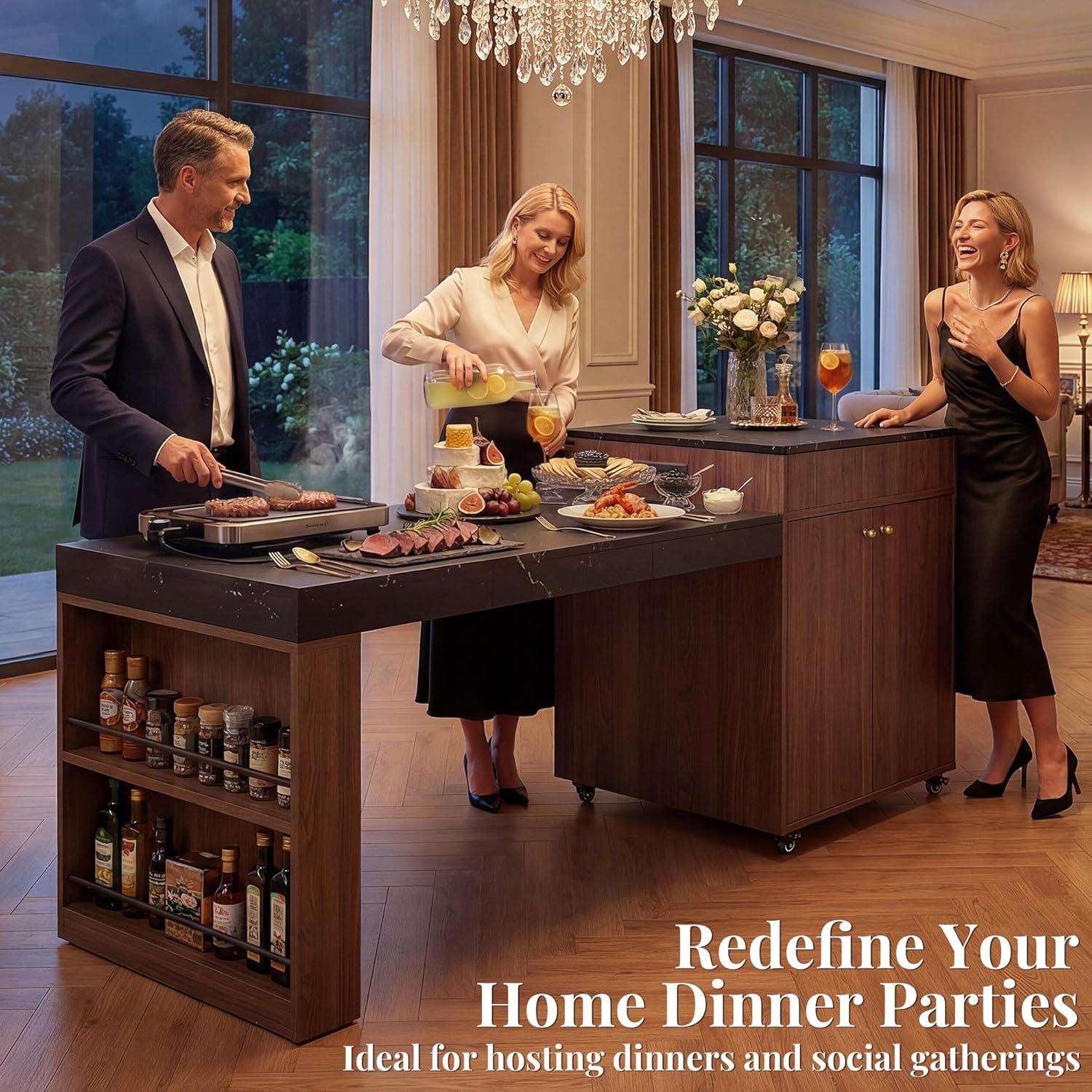 79" Rolling Kitchen Island with Extendable Dining Table for 2-6 | 1500W Power Outlet & Spice Rack Dish Drawer & Appliance Storage Cabinet, Kitchen Carts on Wheels with Storage, Holds 300 lbs