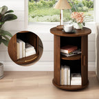 Wnutrees Round Fluted End Table, Small Accent Pedestal Side Table with Sliding Door & 2 Tier Storage Shelf, Wood Fluted Nightstand Bedside Table for Living Room, Bedroom, Brown