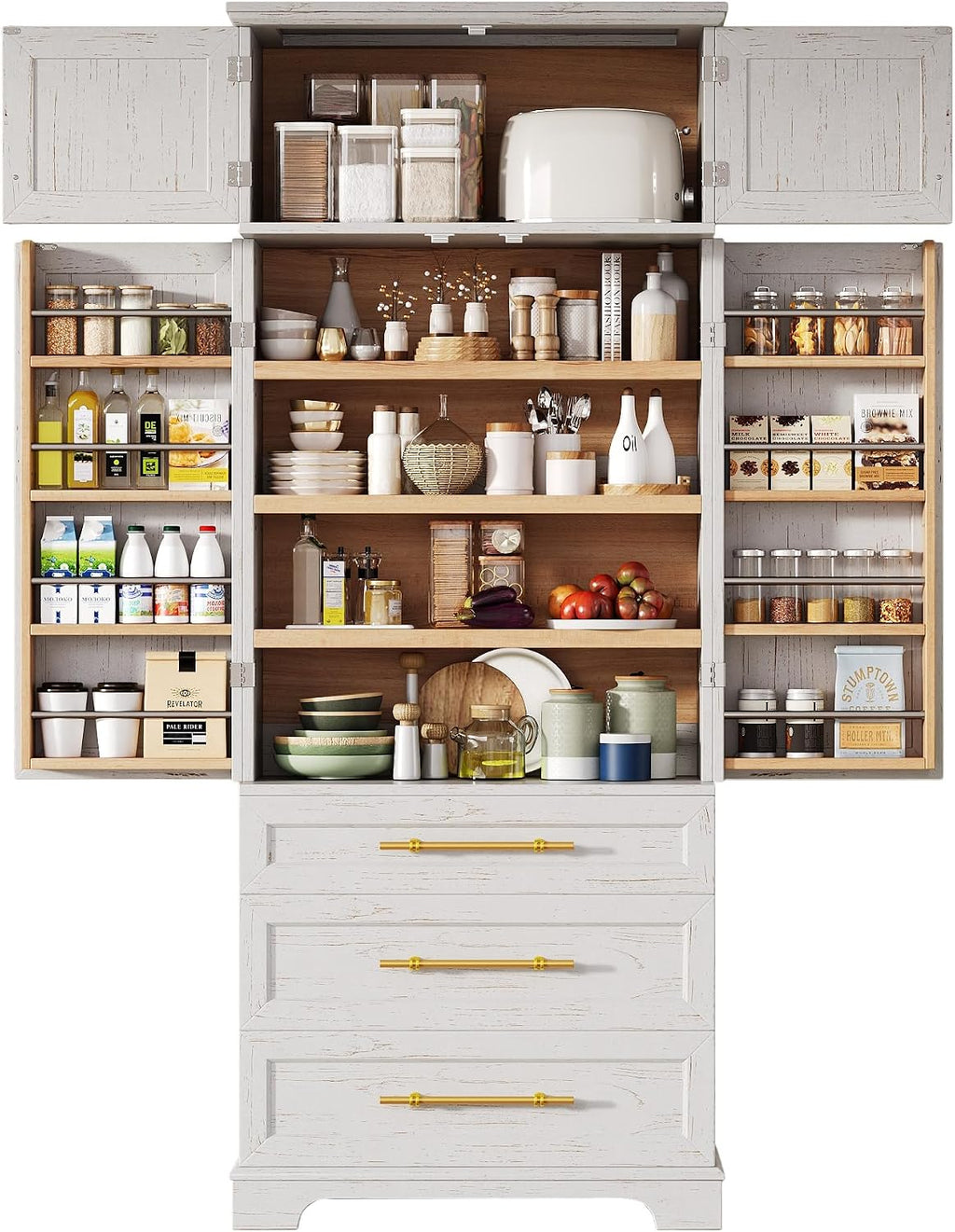 Farmhouse Kitchen Pantry Cabinet with 8 Door Shelves and 3 Large Drawers, Tall Storage Cabinet Cupboard with Adjustable Shelves for Kitchen, Dining Room, Bathroom (Retro White)