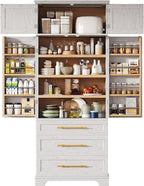 Farmhouse Kitchen Pantry Cabinet with 8 Door Shelves and 3 Large Drawers, Tall Storage Cabinet Cupboard with Adjustable Shelves for Kitchen, Dining Room, Bathroom (Retro White)