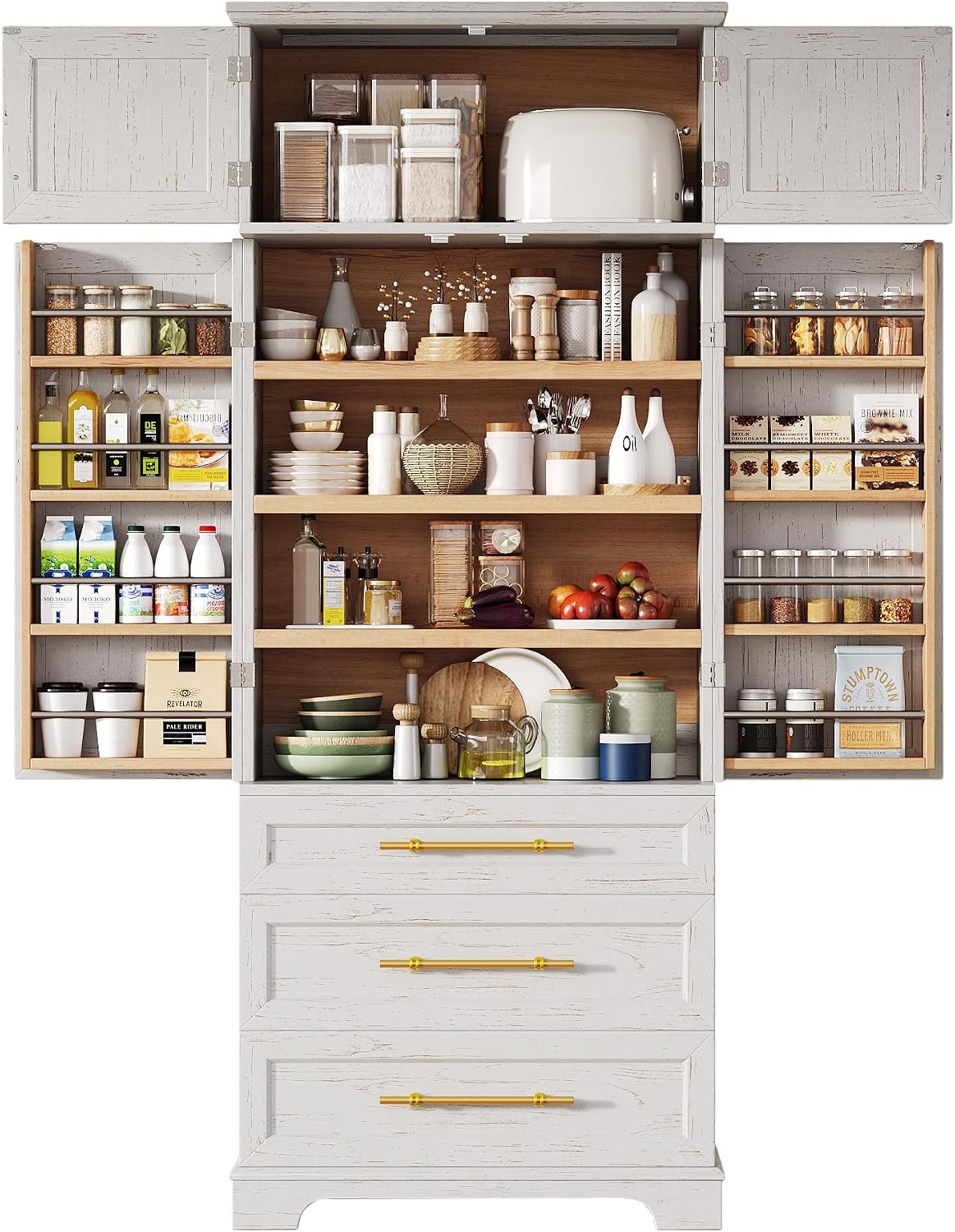 Farmhouse Kitchen Pantry Cabinet with 8 Door Shelves and 3 Large Drawers, Tall Storage Cabinet Cupboard with Adjustable Shelves for Kitchen, Dining Room, Bathroom (Retro White)