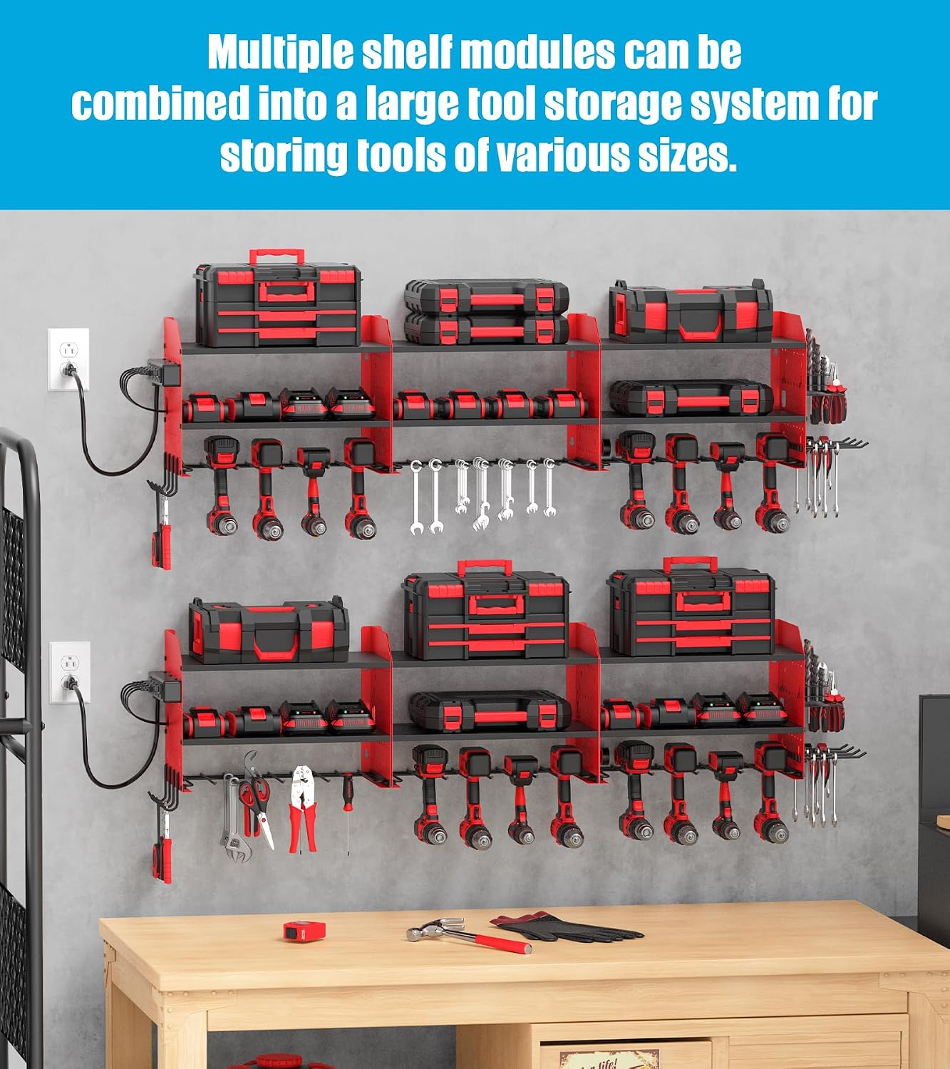 CCCEI Pack of 2 Modular Power Tools Organizer, Drills and Battery Storage Wall Mount, Garage Shop Organization, Anniversary, Birthday, Gifts for Men, Father, Red.