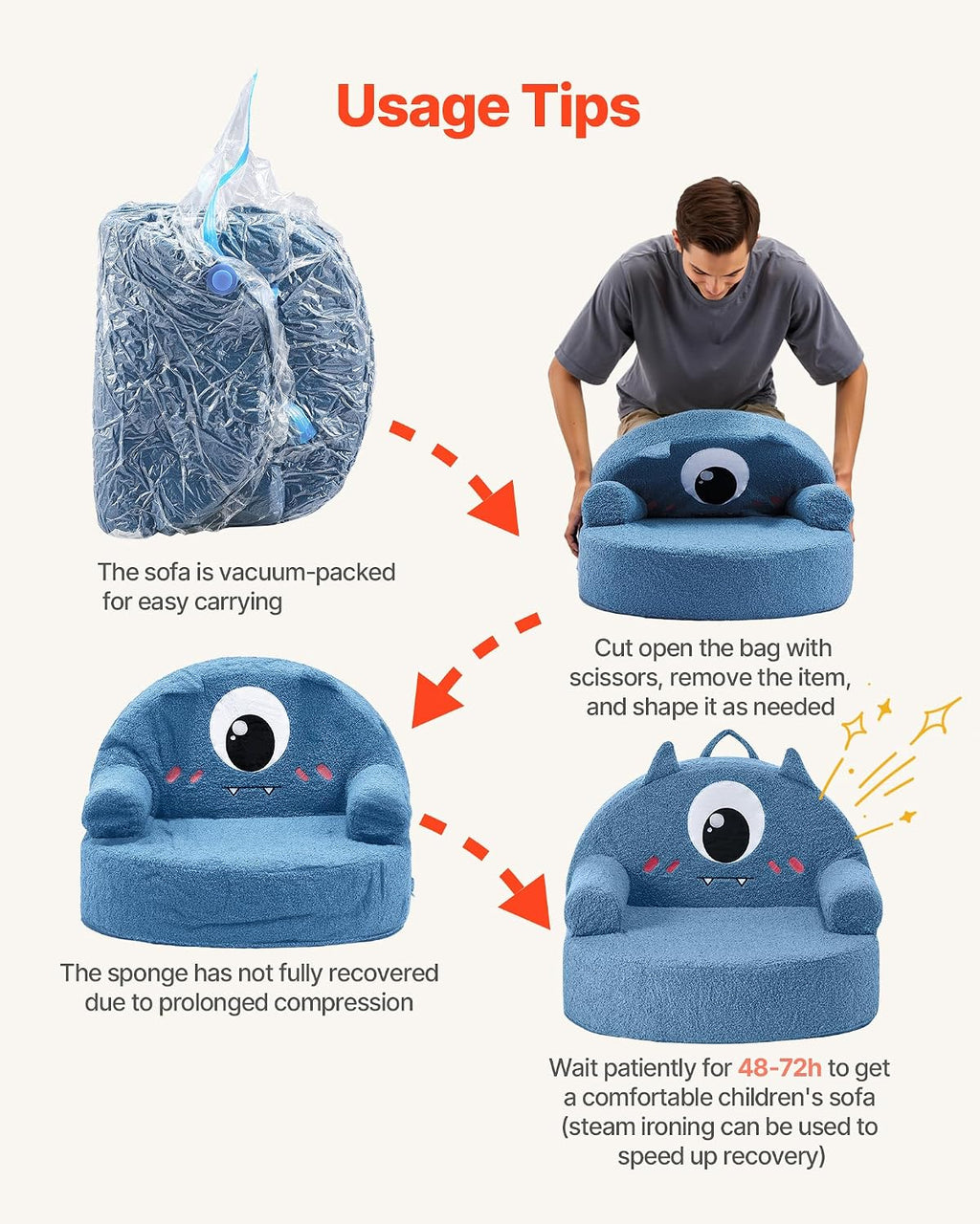 VEVOR Kids Sofa Comfy, Monster Style Foam Toddler Couch with Armrests, Movable & Washable Kids Sofa Made of 28D Sponge & Teddy Plush for Playroom, Bedroom, Living Room, Ideal Present for Child, Blue