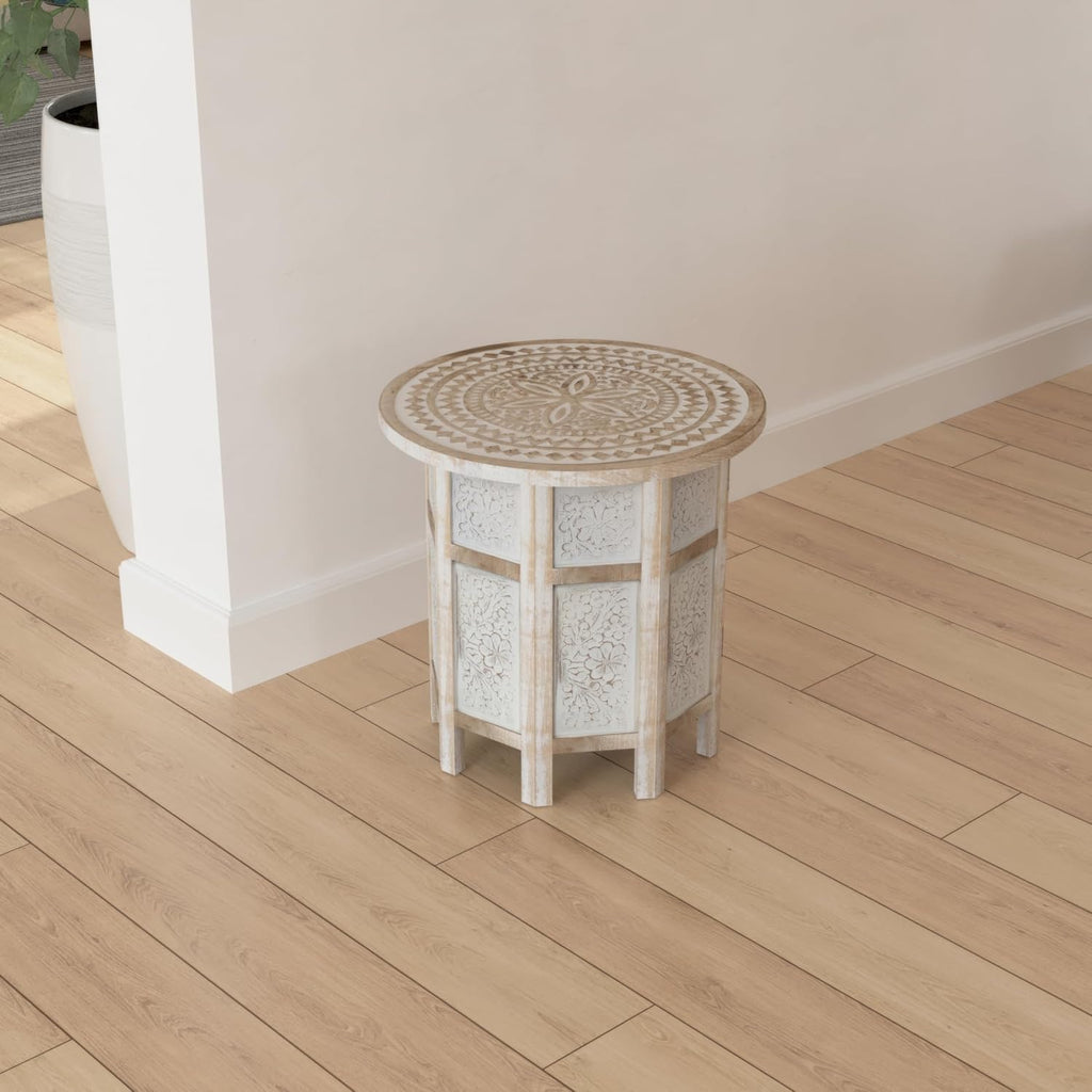 Benzara Accent Side Table, 18 Inch Round Mango Wood Top, Hand Carved Mandala Design, Natural Brown Finish, Rustic Accent End Table for Living Room, Bedroom, Entryway and Home Decor Display