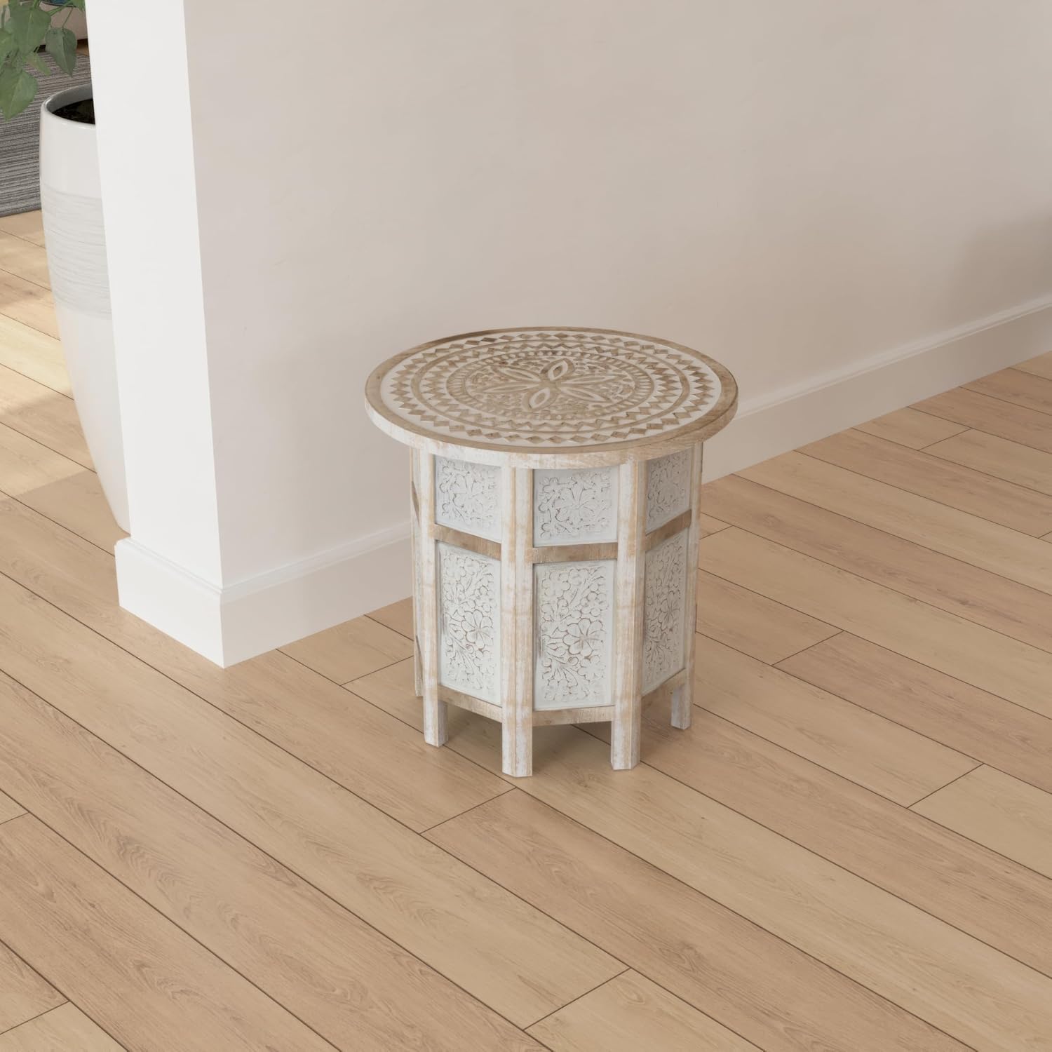 Benzara Accent Side Table, 18 Inch Round Mango Wood Top, Hand Carved Mandala Design, Natural Brown Finish, Rustic Accent End Table for Living Room, Bedroom, Entryway and Home Decor Display