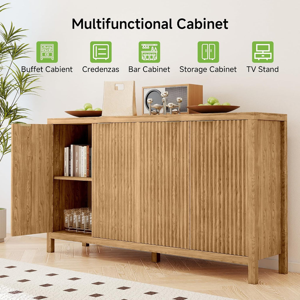 Real Relax Fluted Sideboard Buffet Cabinet with Storage, 55" Modern Sideboard Credenza Cabinet with 4 Doors, Coffee Bar Buffet Table for Dining Room, Kitchen, and Living Room, 55"x15.4"x32.8", Oak