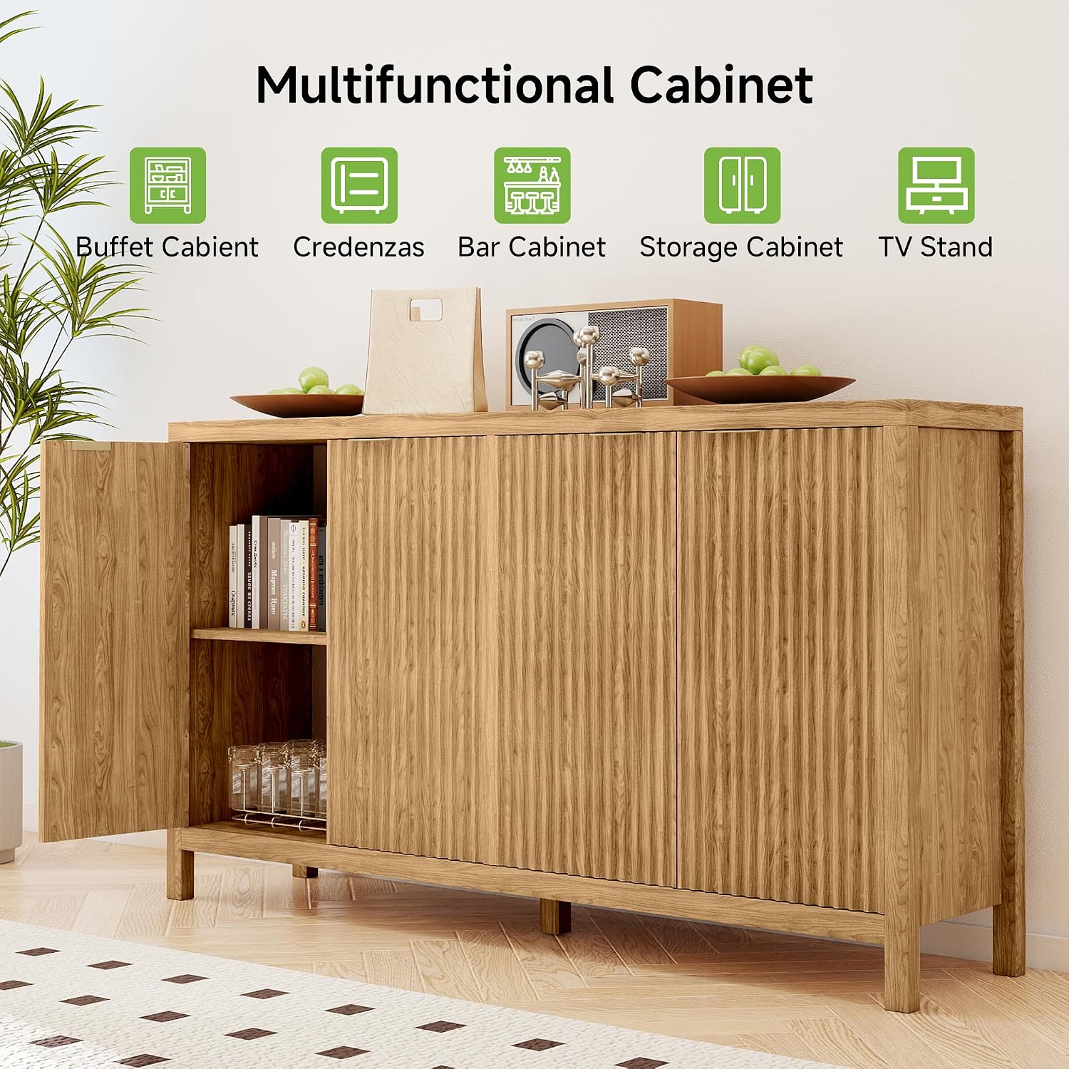 Real Relax Fluted Sideboard Buffet Cabinet with Storage, 55" Modern Sideboard Credenza Cabinet with 4 Doors, Coffee Bar Buffet Table for Dining Room, Kitchen, and Living Room, 55"x15.4"x32.8", Oak