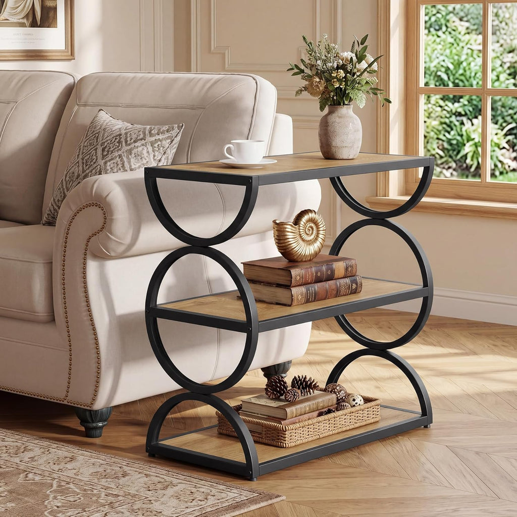 Tribesigns 3-Tier End Table, Narrow Side Table with Storage Shelves, Industrial Accent Table with Unique Circular Frame, Sofa Side Table for Living Room, Rustic Brown