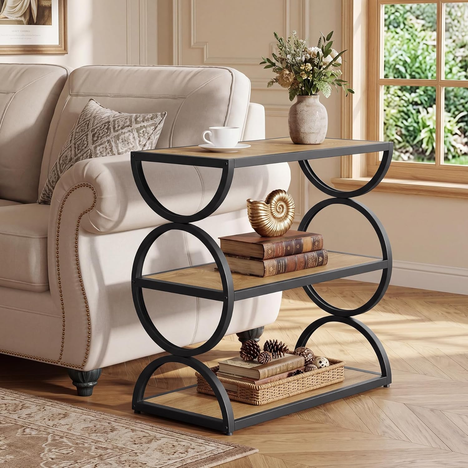 Tribesigns 3-Tier End Table, Narrow Side Table with Storage Shelves, Industrial Accent Table with Unique Circular Frame, Sofa Side Table for Living Room, Rustic Brown