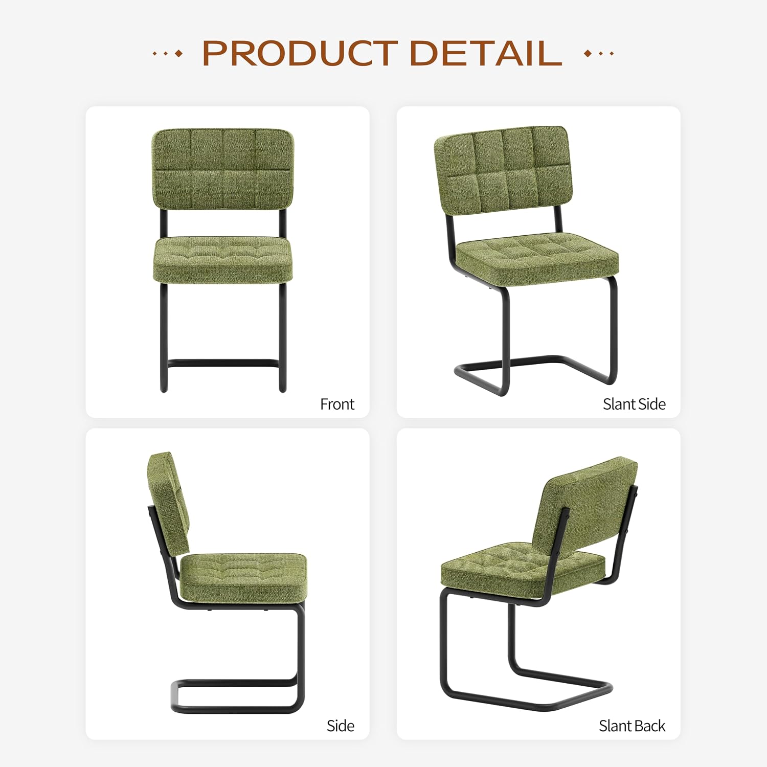 Modern Cantilevered Green Dining Chairs Set of 4, Mid Century Side Dinner Chairs, Armless Backrest, Upholstered Seat, Metal Base, Industrial for Kitchen/Restaurant/Living Room/Cafeteria, Olive