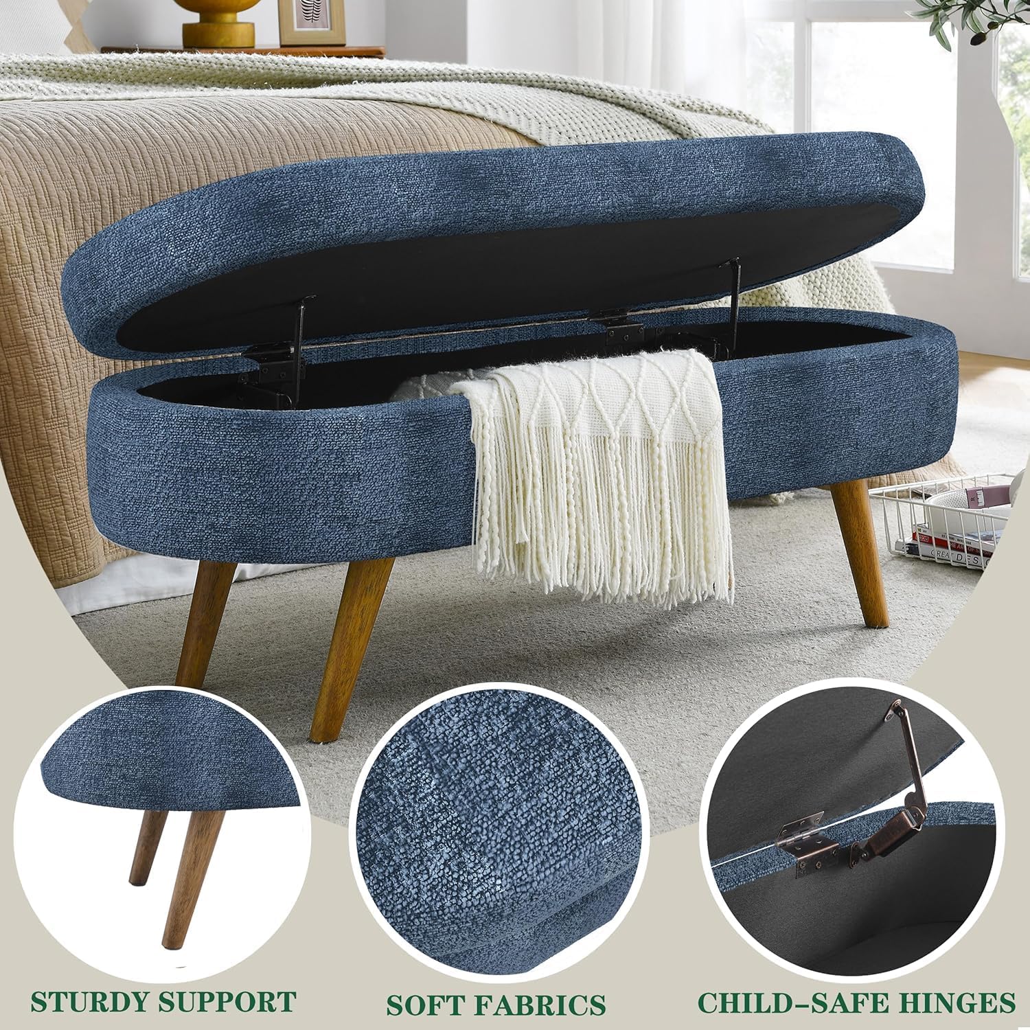 43.5" Ottoman with Storage, Storage Ottoman Bench with Safety Hinge, Foam End of Bed Bench Upholstered Entryway Bench for Bedroom, Living Room & Window, Dark Blue