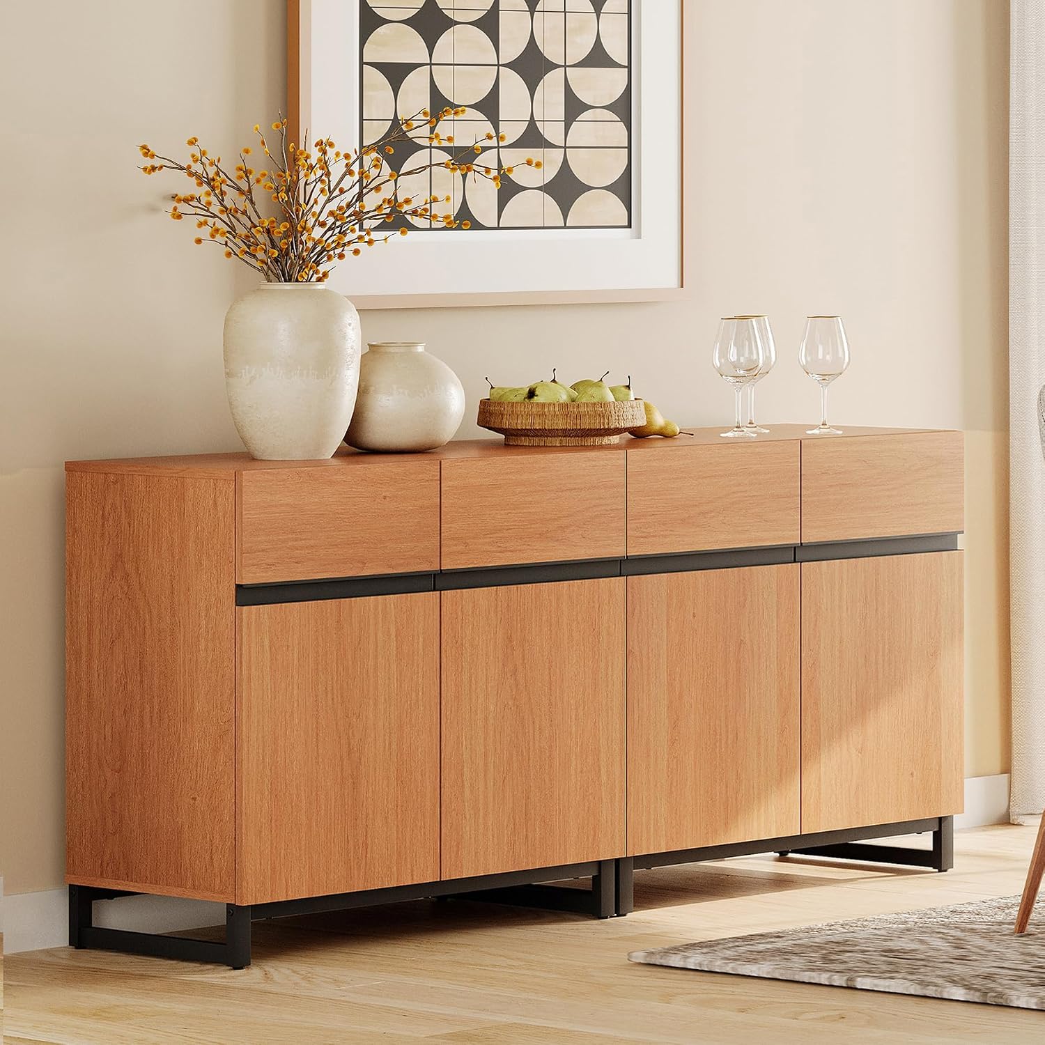 WAMPAT Sideboard Buffet Cabinets, Modern Sideboard with Adjustable Shelf and Metal Base, Coffee Bar Cabinet Storage Cabinet for Living Room, Kitchen, 2Pcs, Mocha