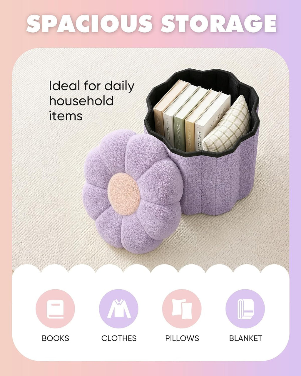 B FSOBEIIALEO Storage Ottoman Foldable, Sunflower Shaped Small Footrest Collapsible Folding Seat Bench for Bedroom Living Room Entryway, Faux Teddy Fur, Purple 12.6"x12.6"x11.4"
