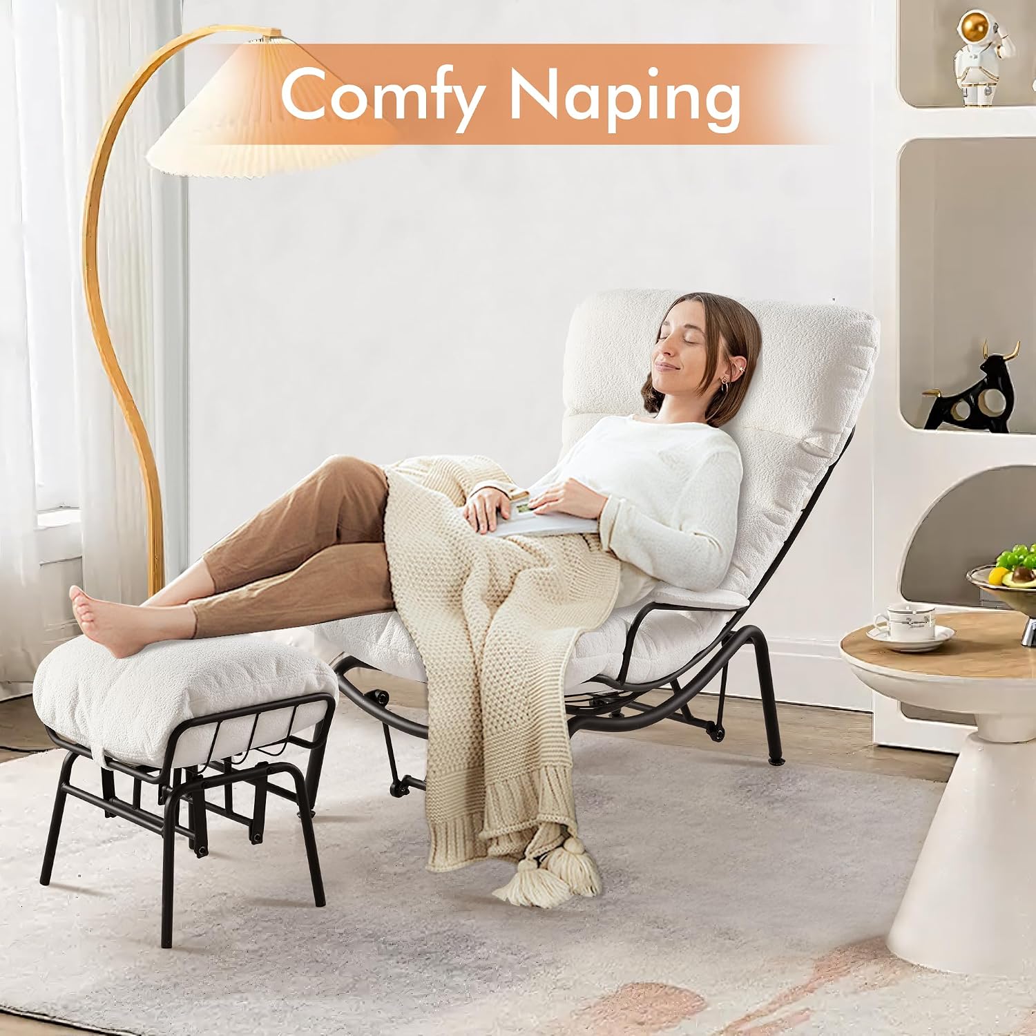HOOOWOOO Cozy Rocking Chair,Chaise Lounge Chair Indoor,Accent Chair with Ottoman for Bedroom,Living Room,Office(Cloud Velvet White)