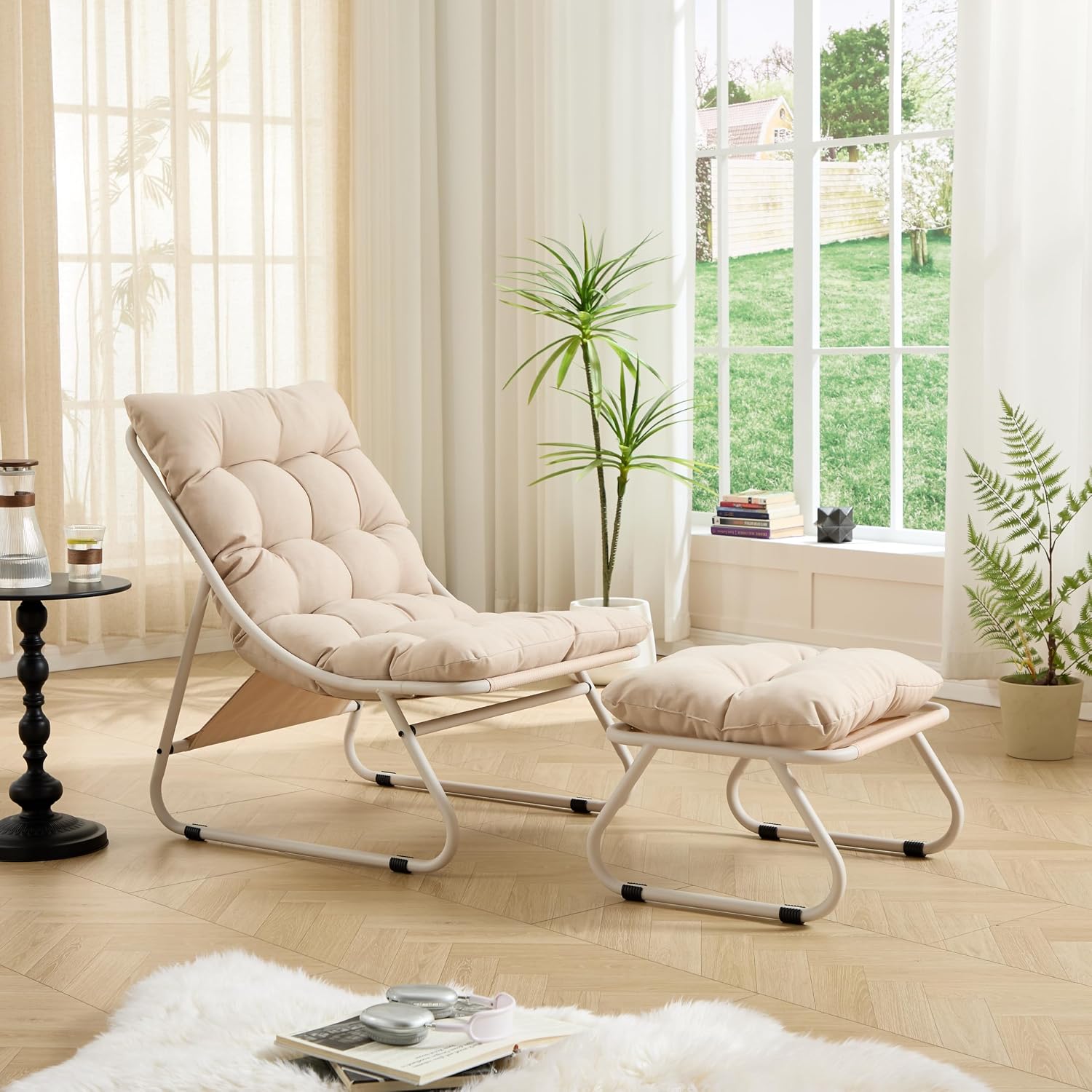 Polay Patio Outdoor Lounge Chair with Ottoman, Comfy Sling Recliner Chair with Puffy Cushion and Foot Stool, Foot Rest Pouf Ottoman for Living Room, Bedroom, Reading Room,A2