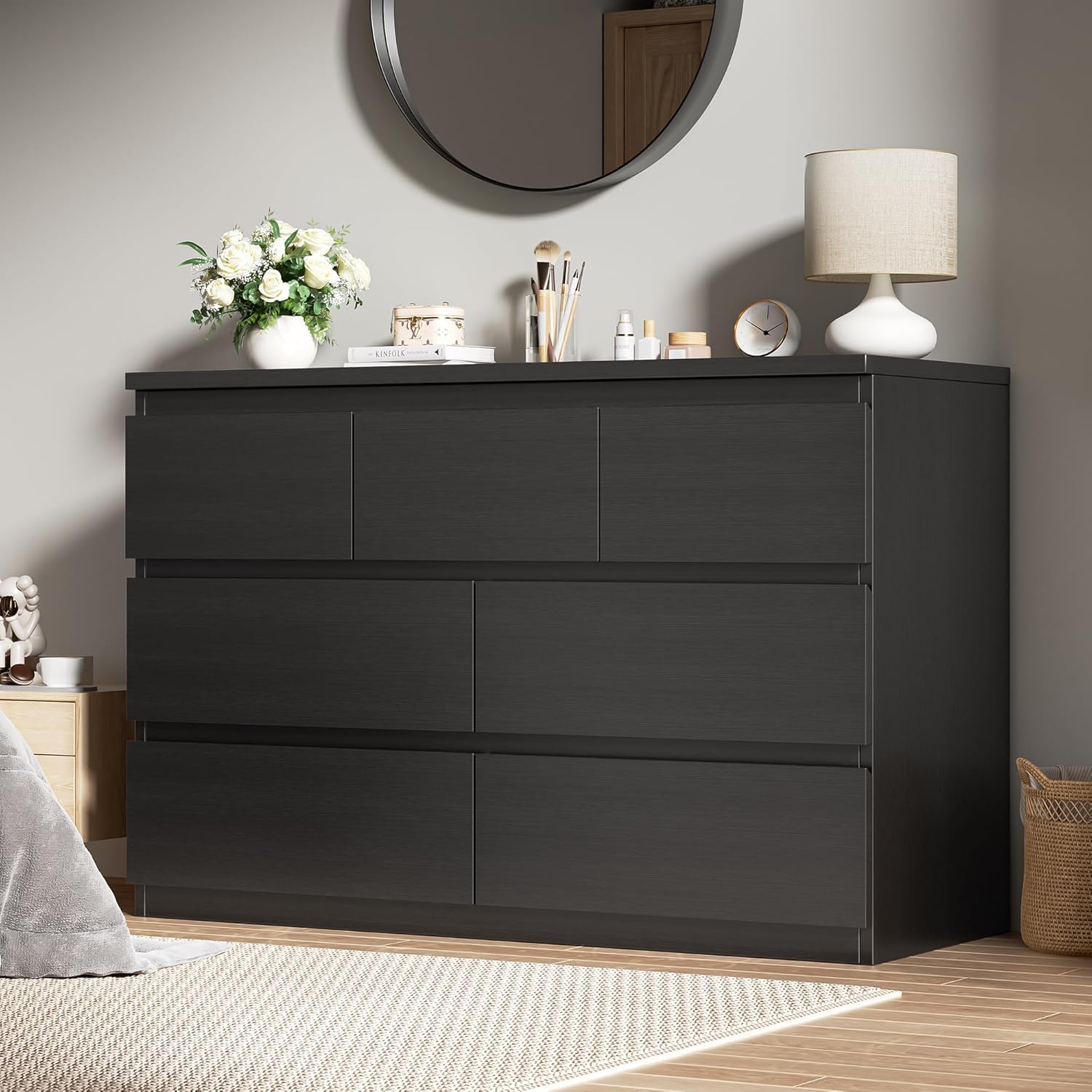 Black 7 Drawer Dresser for Bedroom,Modern Wood Chest of Drawers,Closet Clothes Storage Organizer with Deep Drawers for Living Room Hallway Entryway,Nursery (15.3" D x 47.2" W x 32.3" H)
