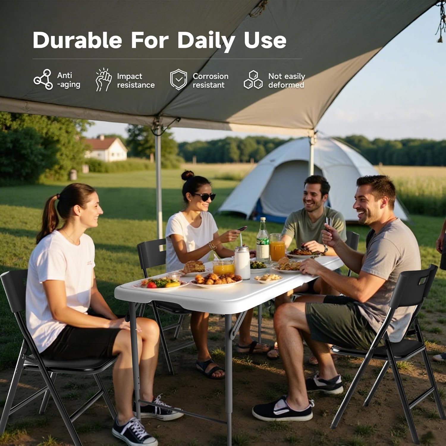 4FT Folding Table Set with 4 Folding Chairs, Heavy Duty 400 lbs Table & 330 lbs Chairs, Portable Folding Furniture Bundle for Camping, Party, Indoor & Outdoor Use