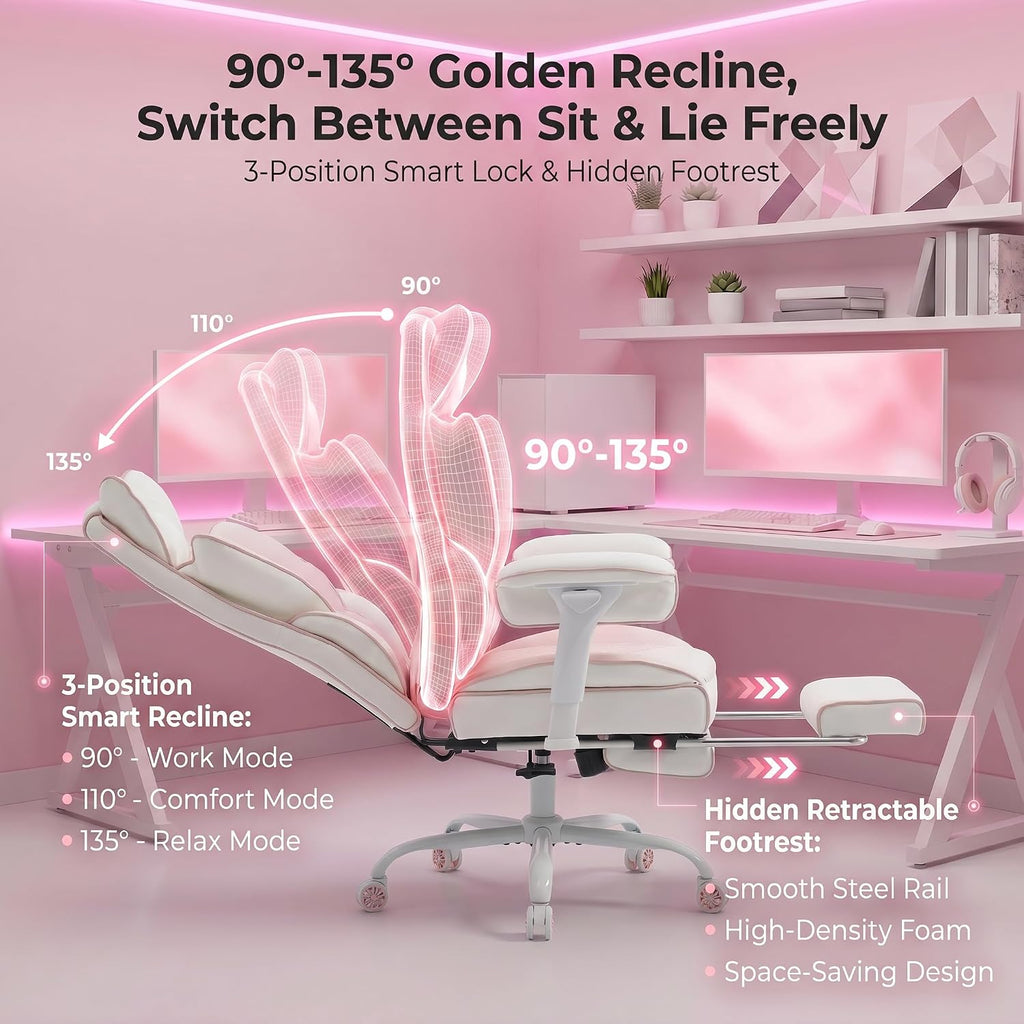 Big and Tall Gaming Office Chair 400lbs - Heavy Duty Ergonomic Computer Desk Chair with Footrest, Adjustable Armrests, High Back PU Leather with Racing Style (White/Pink)