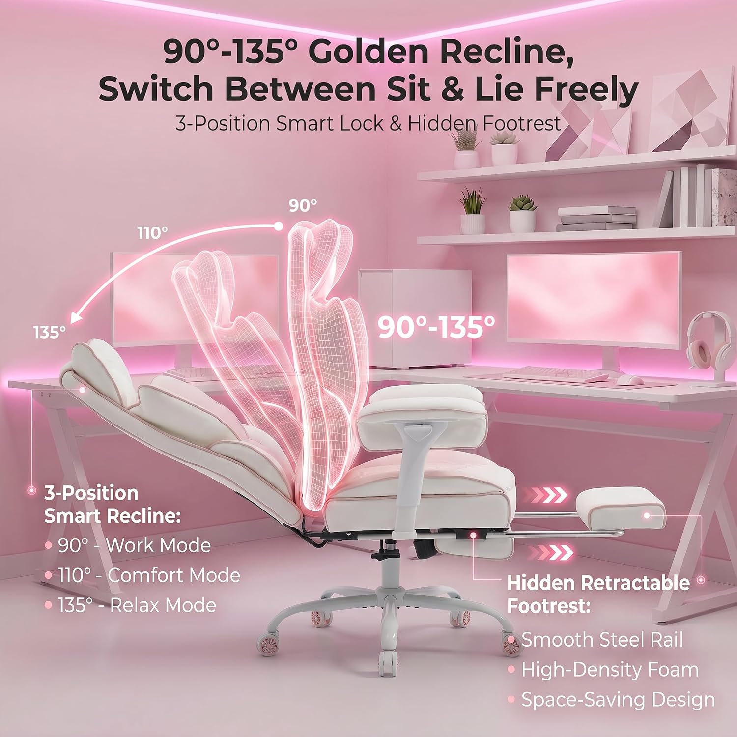 Big and Tall Gaming Office Chair 400lbs - Heavy Duty Ergonomic Computer Desk Chair with Footrest, Adjustable Armrests, High Back PU Leather with Racing Style (White/Pink)