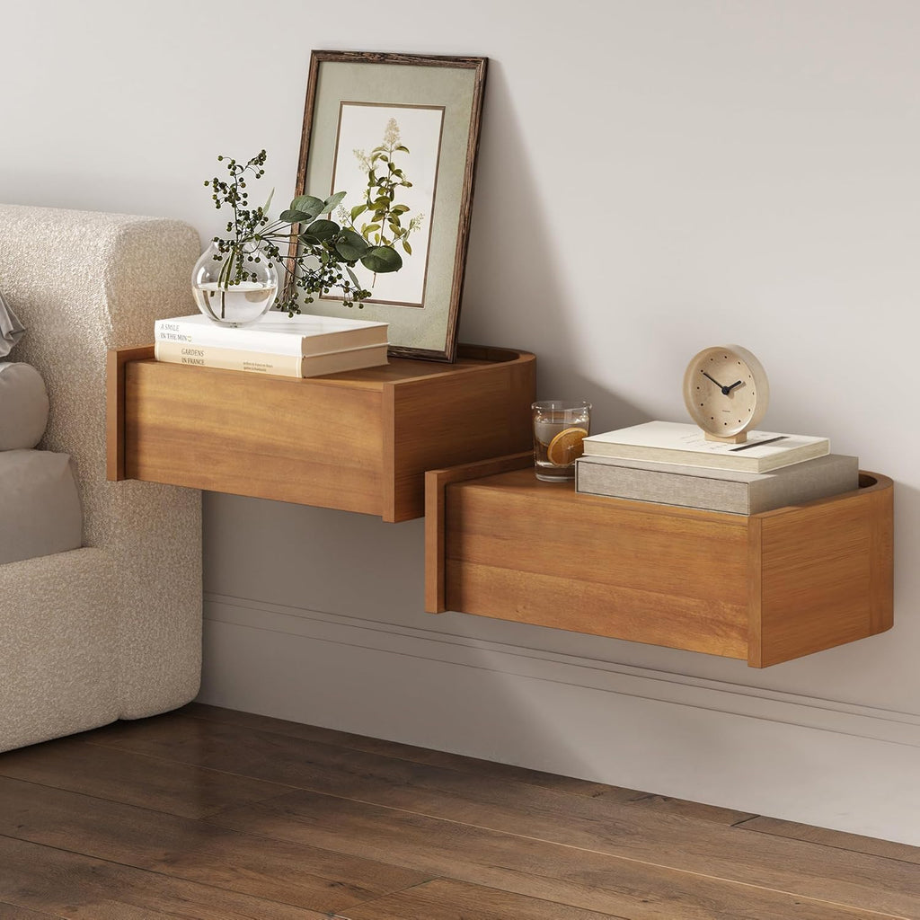 Nathan James Tyla Wall Mounted Bedside Table, Floating 1-Drawer Nightstand with Rounded Edges, Light Brown Set of 2
