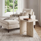 Hyfirm Faux Travertine Side Table for Living Room: Modern Sofa Couch End Table with Silver Metal Support Bar Small Accent Table for Bedroom Night Stand Bathroom Small Spaces (Natural Beige)