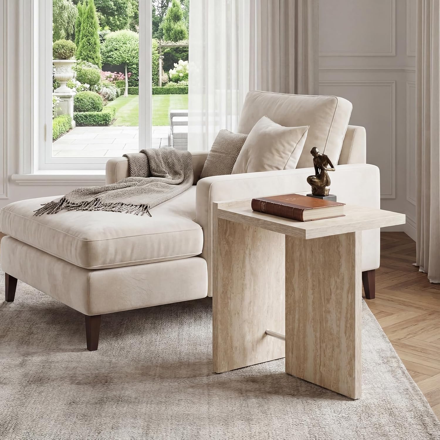 Hyfirm Faux Travertine Side Table for Living Room: Modern Sofa Couch End Table with Silver Metal Support Bar Small Accent Table for Bedroom Night Stand Bathroom Small Spaces (Natural Beige)