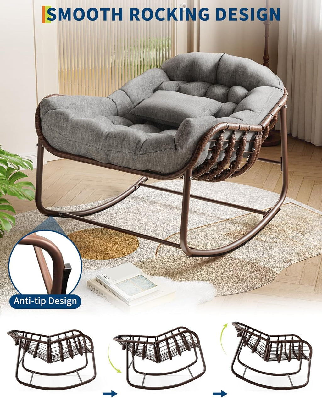 Garvee Outdoor Papasan Rocking Chair, Oversized Wicker Lounge Chair with Cushion and Metal Frame, Patio Rattan Egg Rocker for Balcony Backyard Porch Bedroom (Grey)