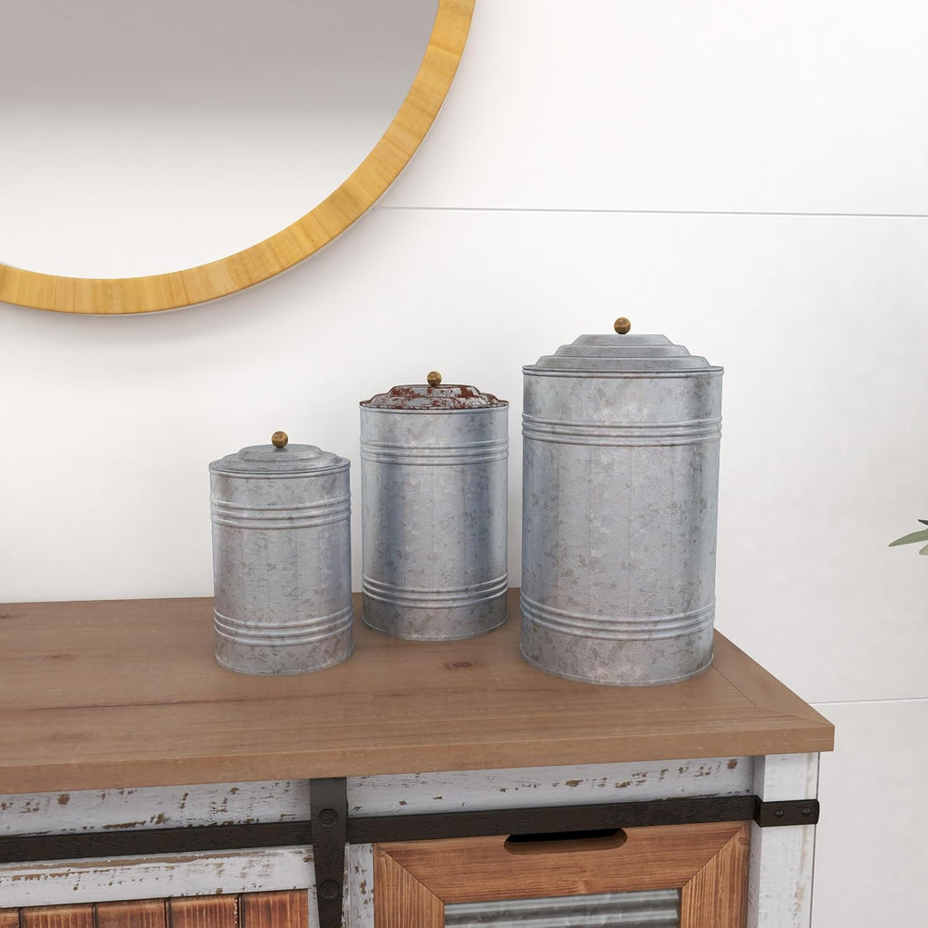 Deco 79 Metal Living Room Decorative Jars Galvanized Ribbed Decorative Container with Gold Ball Knobs, Set of 3 Jar with Lid 12", 9", 8"H, Gray