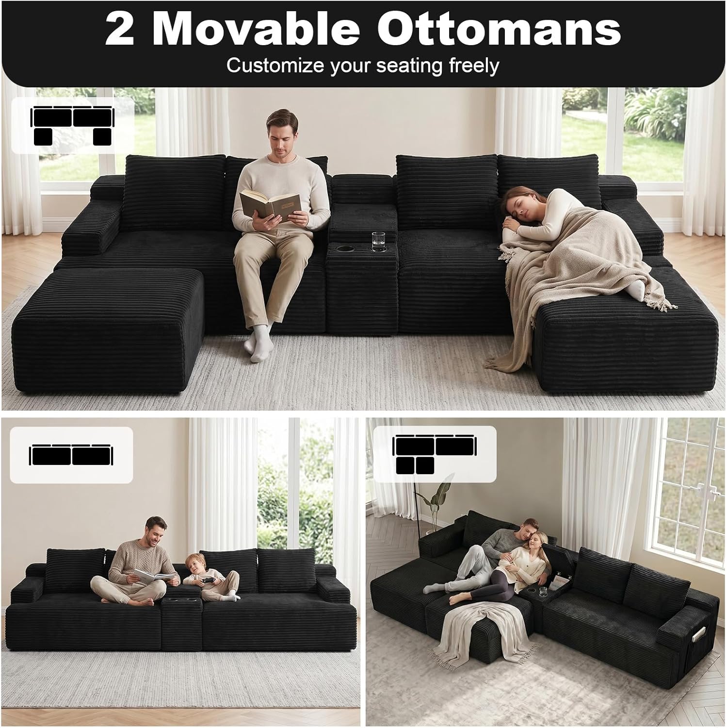 GNIXUU 140.6" Oversized U Shaped Black Boneless Sectional Couches for Living Room, Large Cloud Modular Sofa Set with Storage Console, Cup Holder, Side Pockets, Deep Seat No Assembly Corduroy Couch