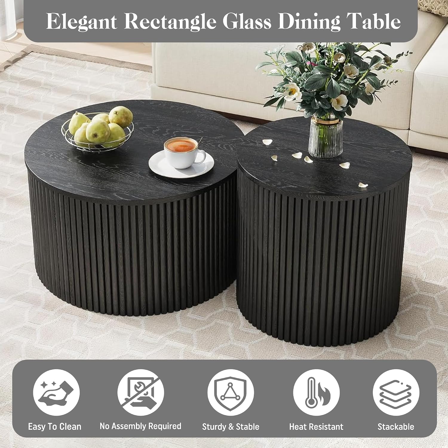 Nesting Coffee Table Set of 2, Modern Round Black Wood Coffee Table with Built-in Storage, Mid-Century Accent Side Table for Living Room, Kitchen, Small Apartment