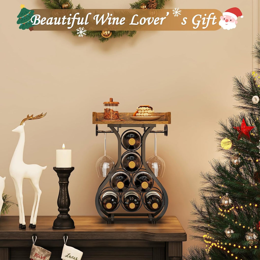 X-cosrack Wine Racks Countertop, Small Wine Rack with Wine Glass Holder, Mini Countertop Wine Rack with Tabletop Wine Storage Cabinet Shelf for Kitchen Pantry Home Bar