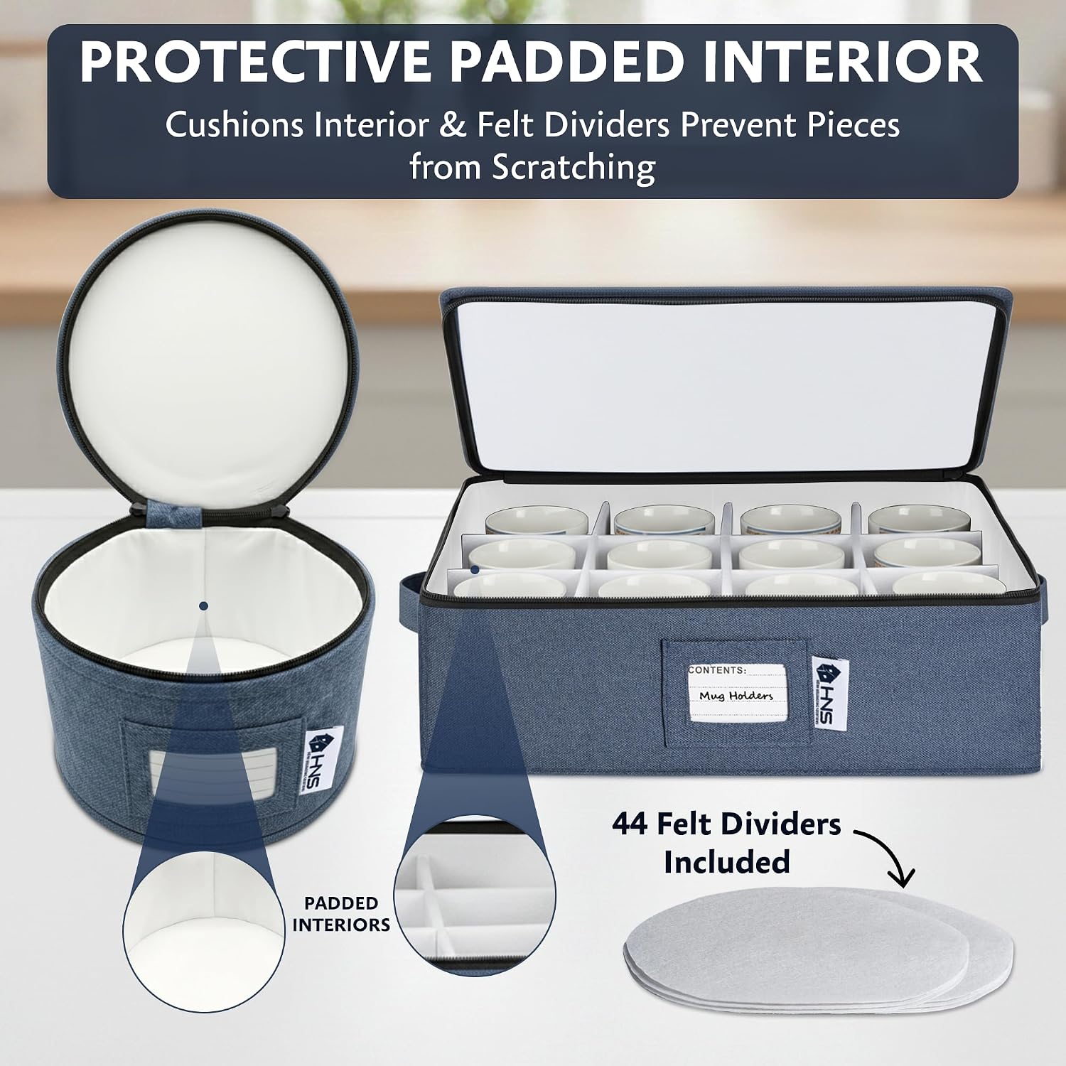 China Storage Hard Shell Containers 5-Piece Set Moving Boxes for Dinnerware, Glasses, Plates, Mugs and Saucers Sturdy Dish Organizer with Dividers for Seasonal Storage - Service for 12 - Denim Blue