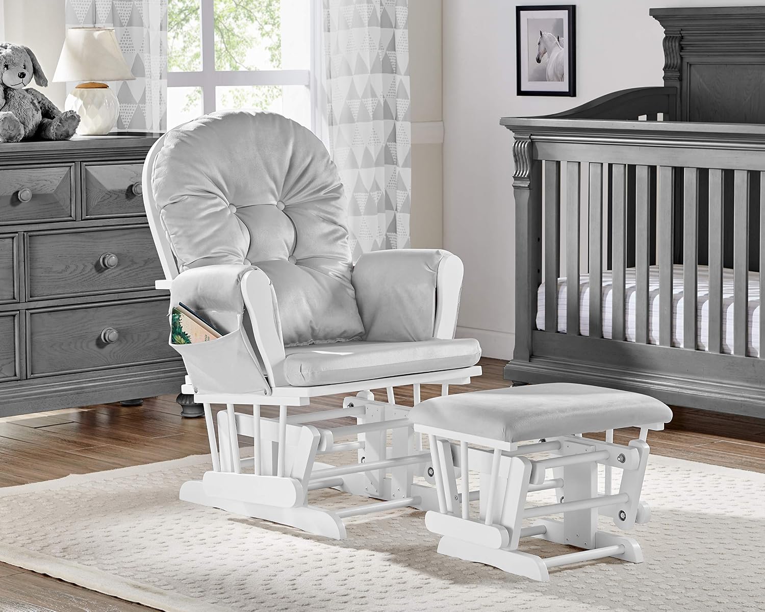 Glider and Ottoman White Wood and Gray Fabric
